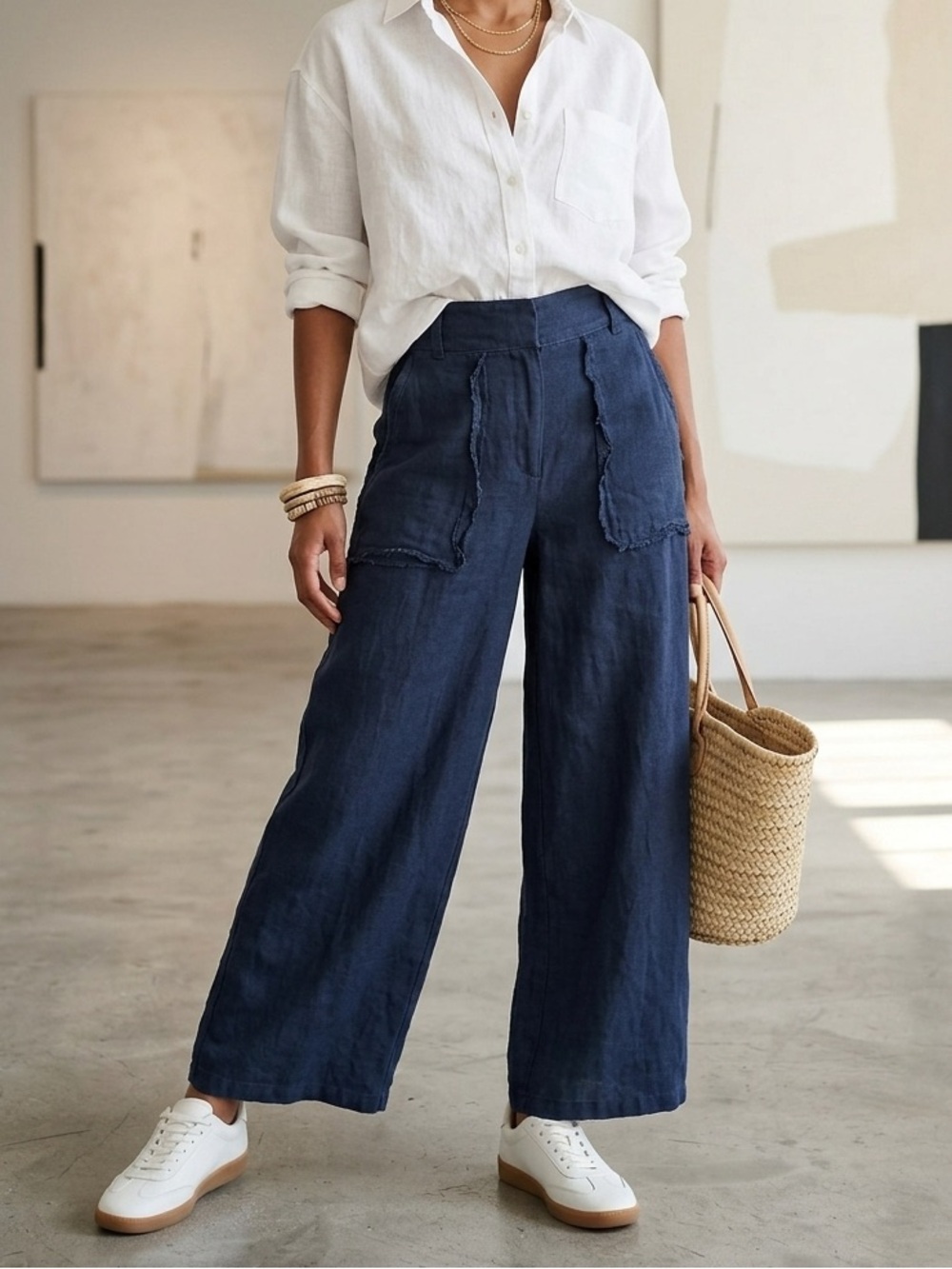 Young Fabulous & Broke Navy Wide-Leg Linen Blend Pants